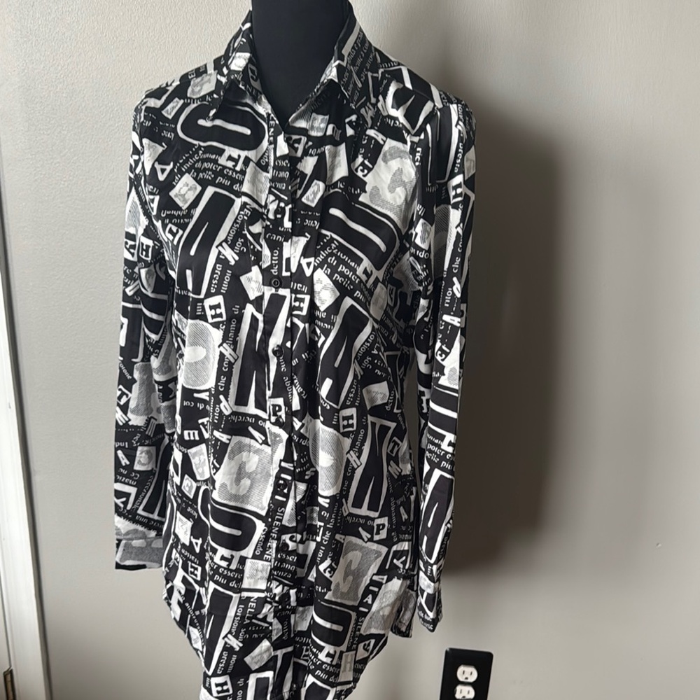 Black and White Graphic Button-Up Shirt